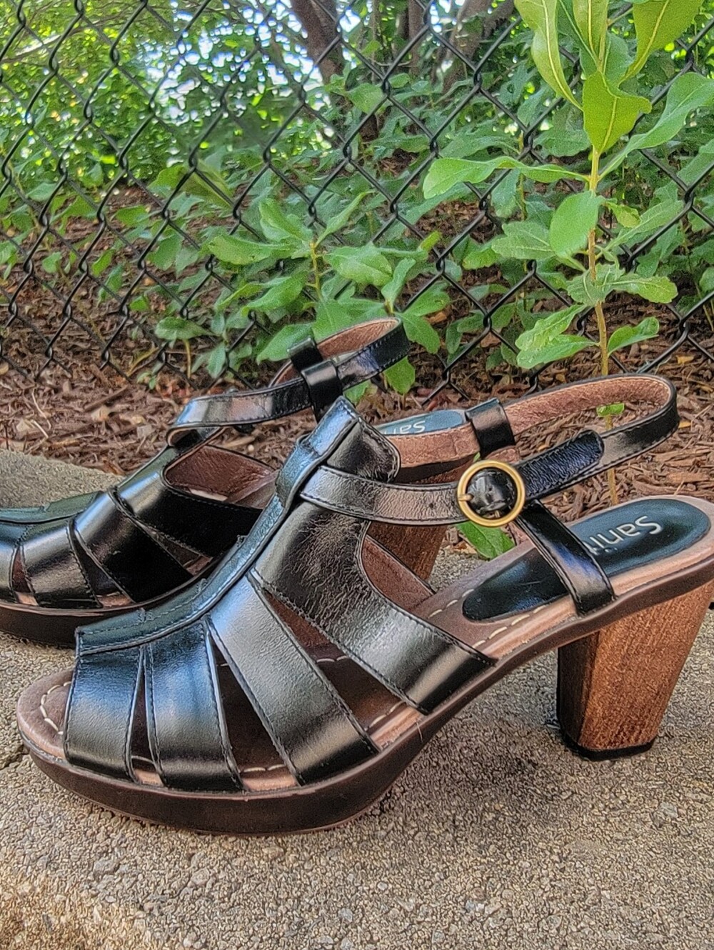 Sanita Black Leather Slingback Block Heel Sandals with Gold Buckle